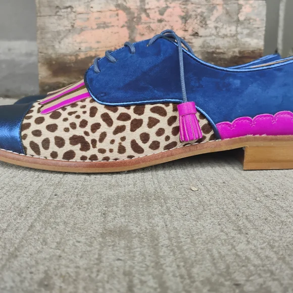 NEW Handmade Pink Blue Suede Leather Leopard Fringe Oxford Lace-Up Shoes 6 -9.5 - Picture 6 of 12